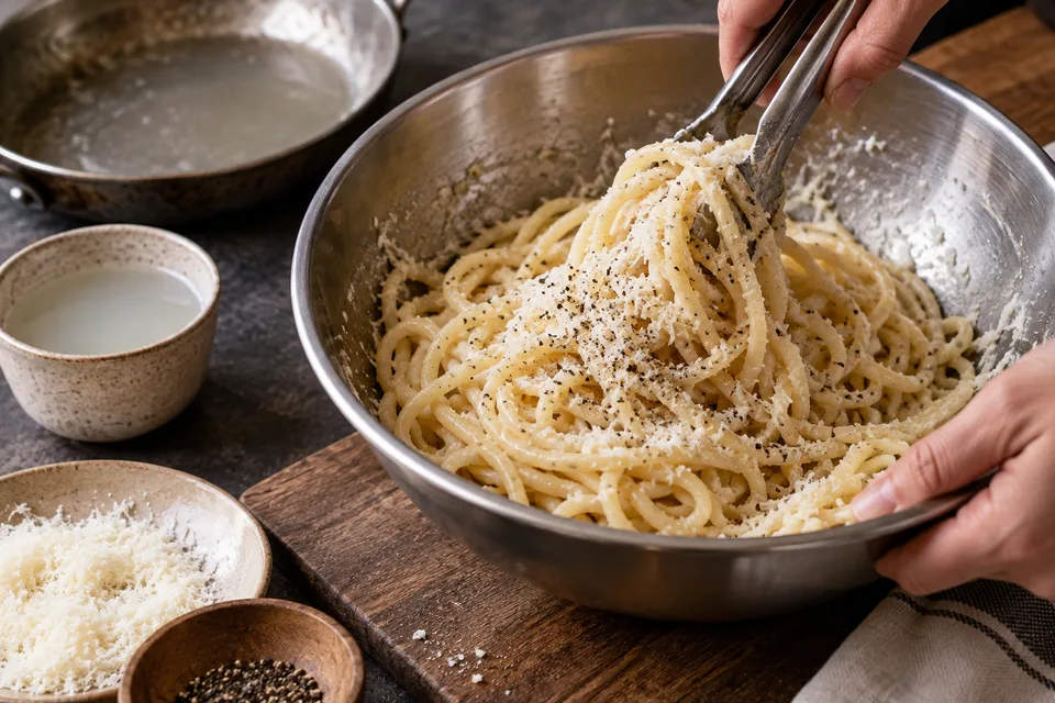 火から外して麺とチーズを合わせるカチョ・エ・ペペのイメージ
