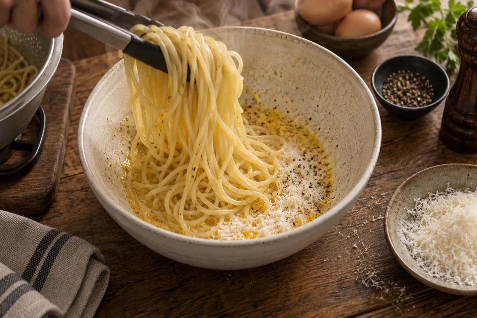 麺の余熱で卵とチーズを和える工程のイメージ