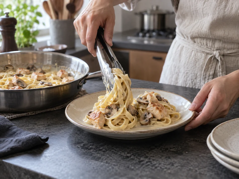フェットチーネの間に鶏肉ときのこを散らしながら盛り付ける