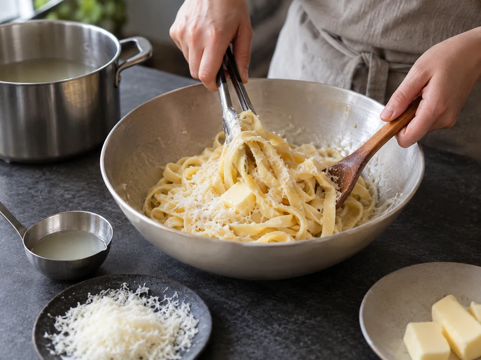 茹で汁を用意し、火を止めた器でバターとチーズを麺へなじませる。