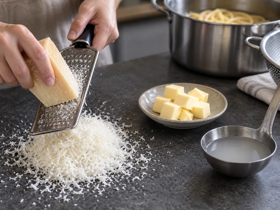 細かく削るチーズ、やわらかいバター、茹で汁を先に用意する。