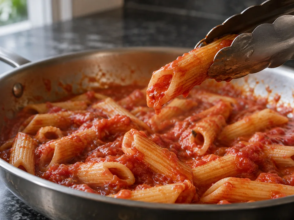 アラビアータ：穴の中にソースが残るペンネをトングで持ち上げる操作