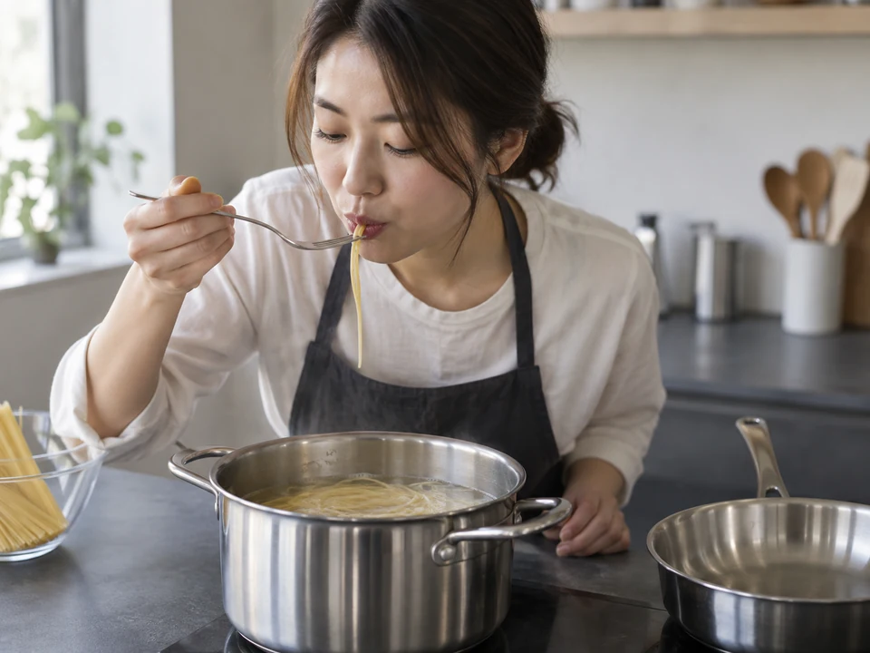 盛り付け前にスパゲッティを一本味見する。