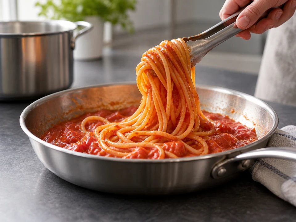 トマトソースの中でスパゲッティを持ち上げる。