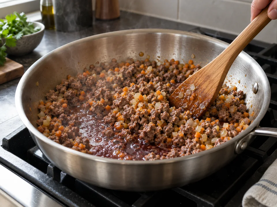 ボロネーゼ:ひき肉の鍋でワインを煮詰めながら混ぜる操作