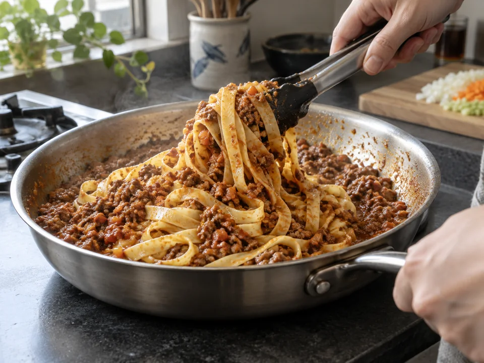 ボロネーゼ:タリアテッレへ濃い肉のラグーを絡める操作