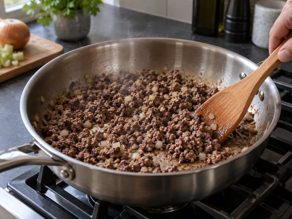 ボロネーゼ:トマトを入れる前のひき肉を広い鍋で焼く操作