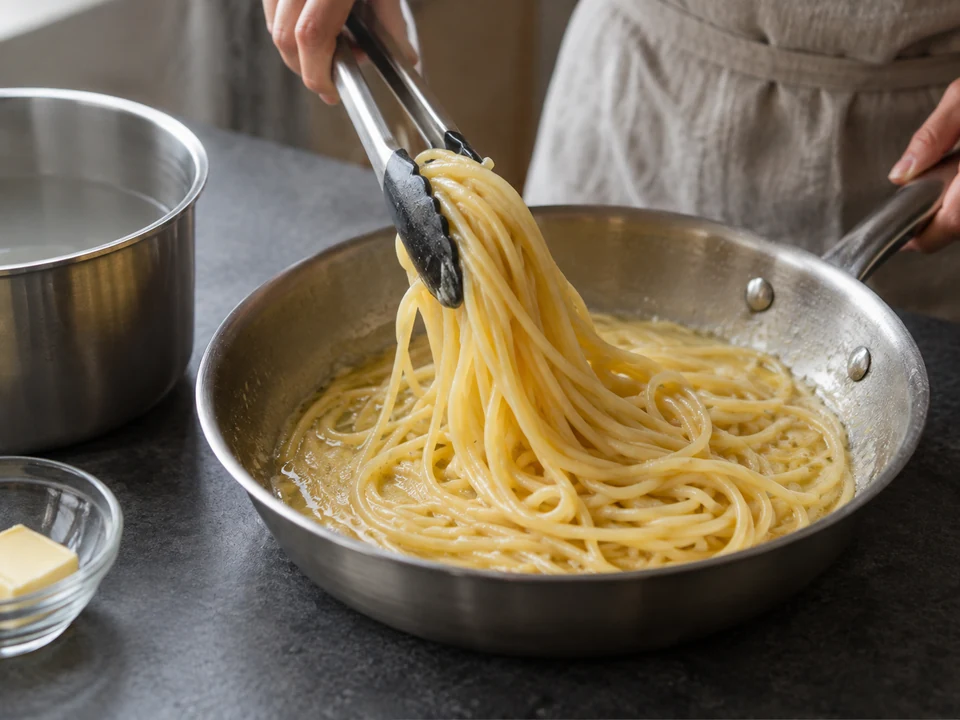 バターソースの中で麺を持ち上げて和える。