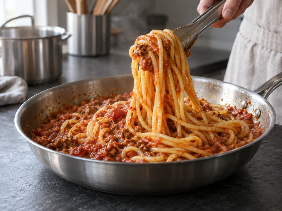太めのスパゲッティを肉入りトマトソースで和える。
