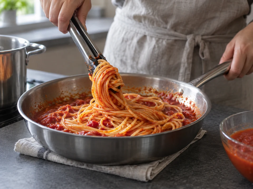トマトソースでスパゲッティを和える手元。