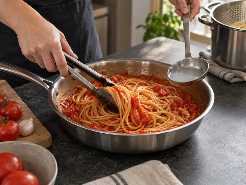 フライパンでトマトソースとスパゲッティを短く和える