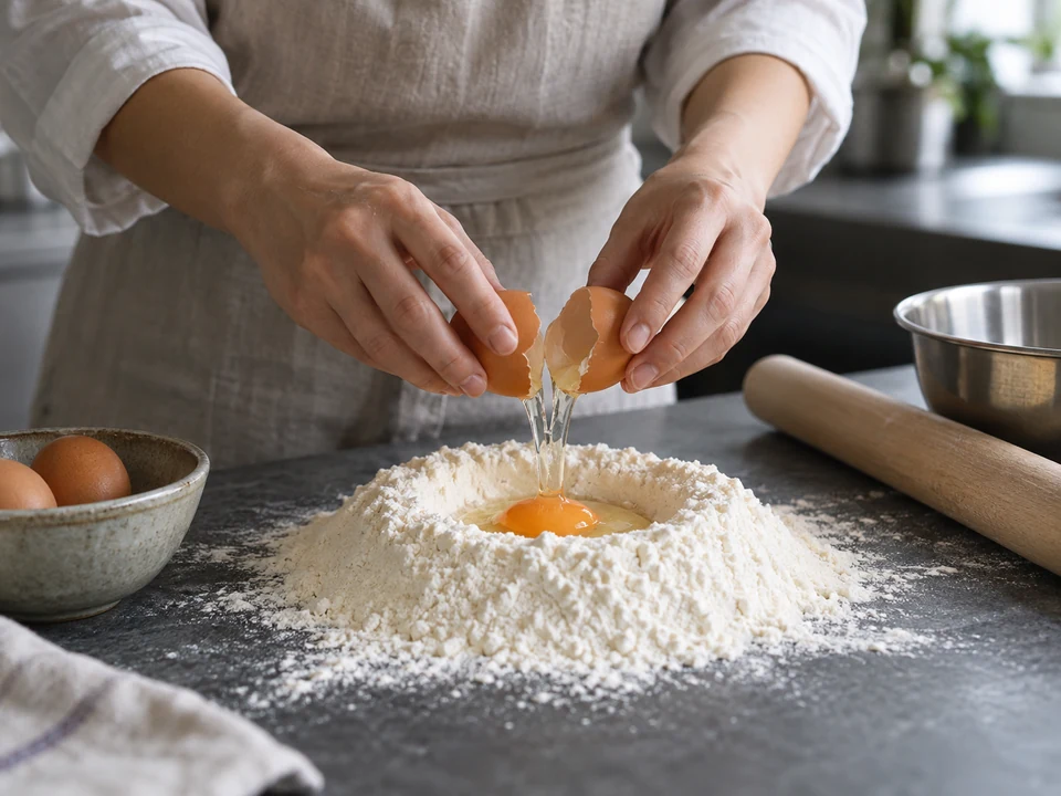 卵を使った生パスタの生地を作る。