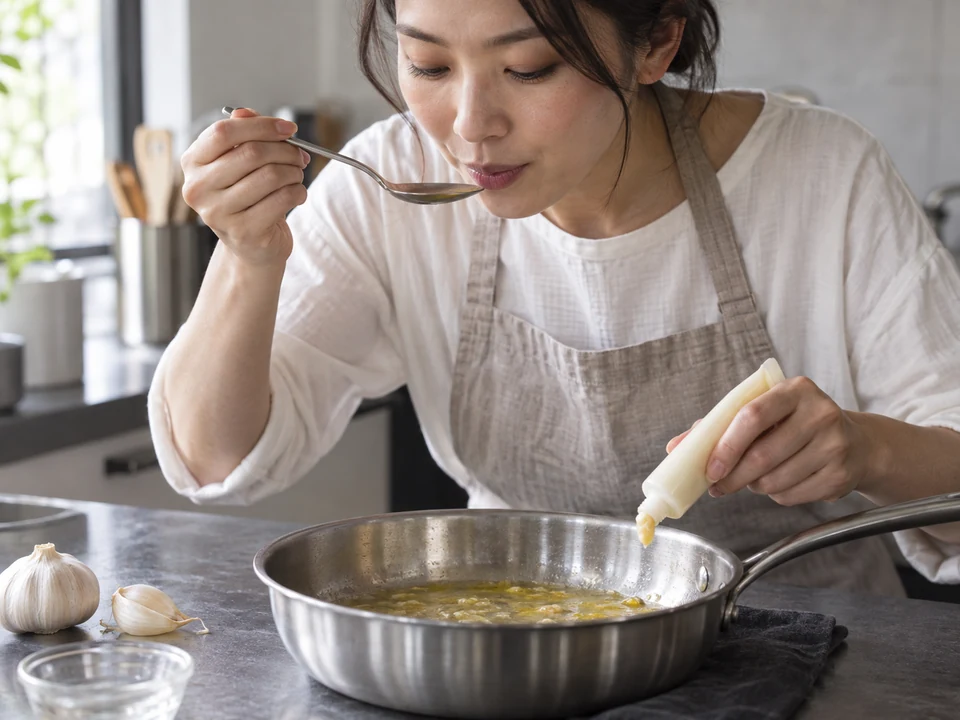 味見したソースへにんにくペーストを少量足す。