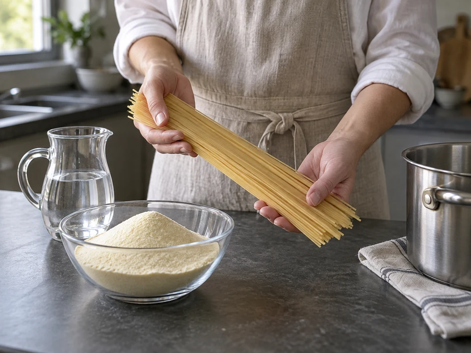 セモリナと水のそばで乾燥スパゲッティを手に取る。