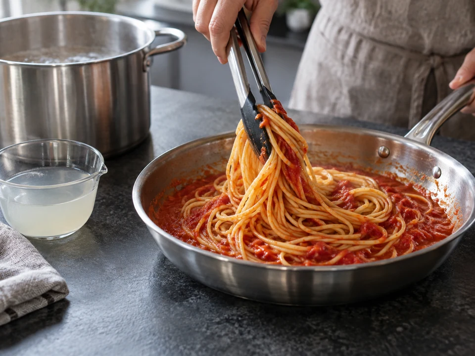 トマトソースの中でスパゲッティを短く和える。