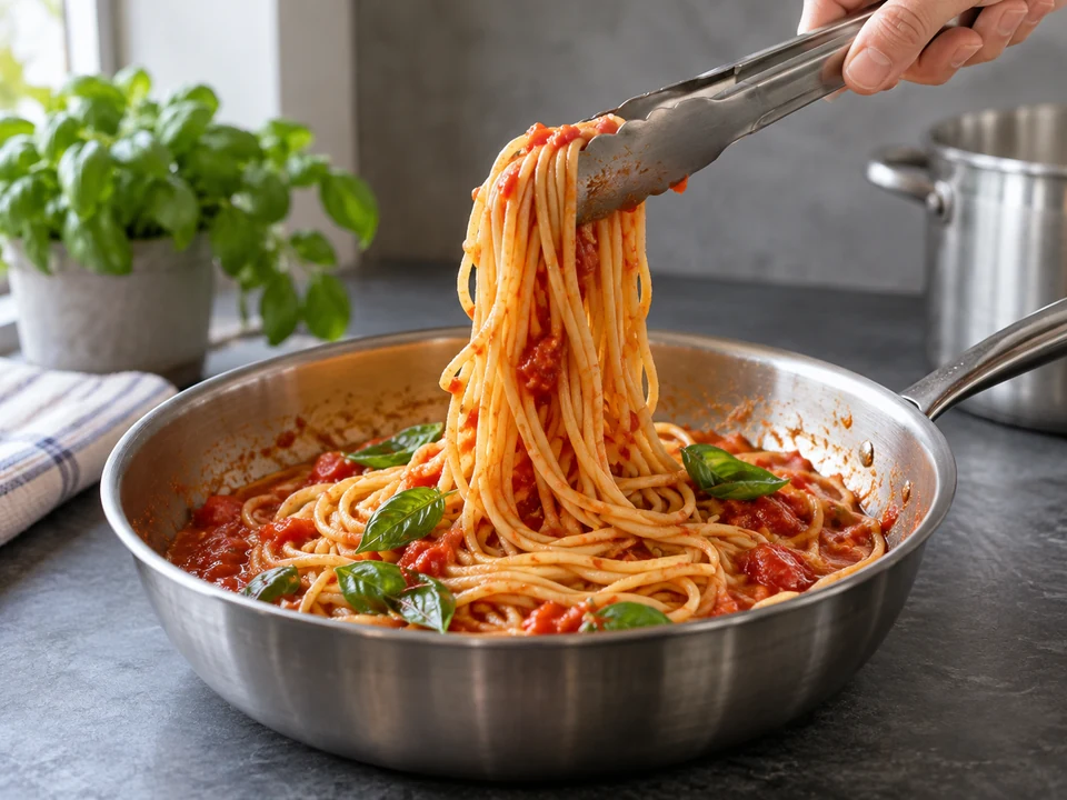 トマトとバジルのソースでスパゲッティを和える。