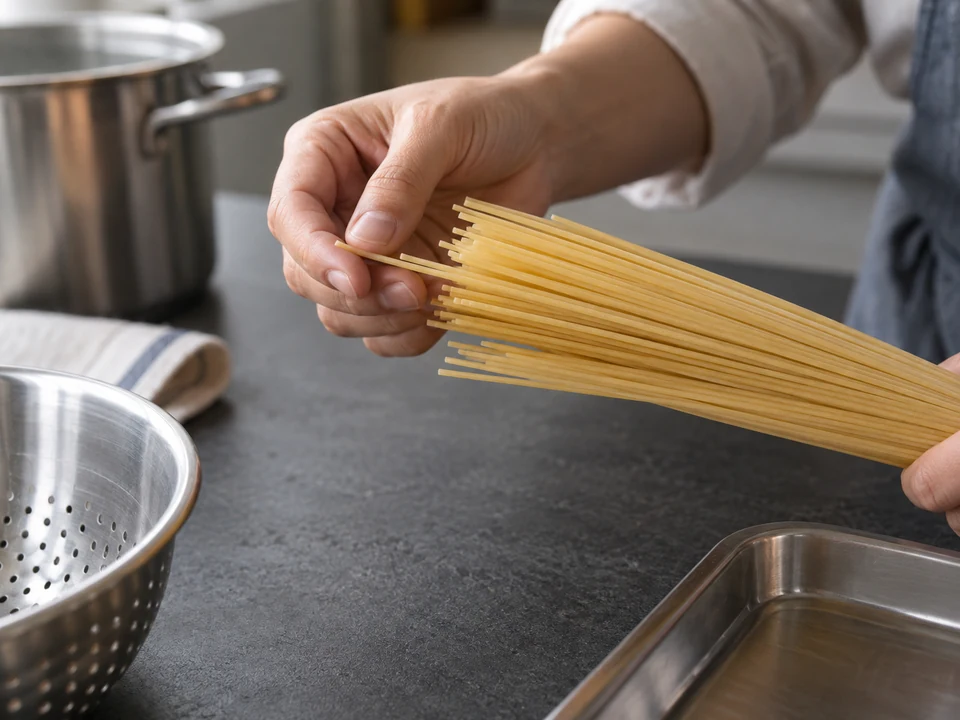 乾燥スパゲッティの表面を手元で確認する。