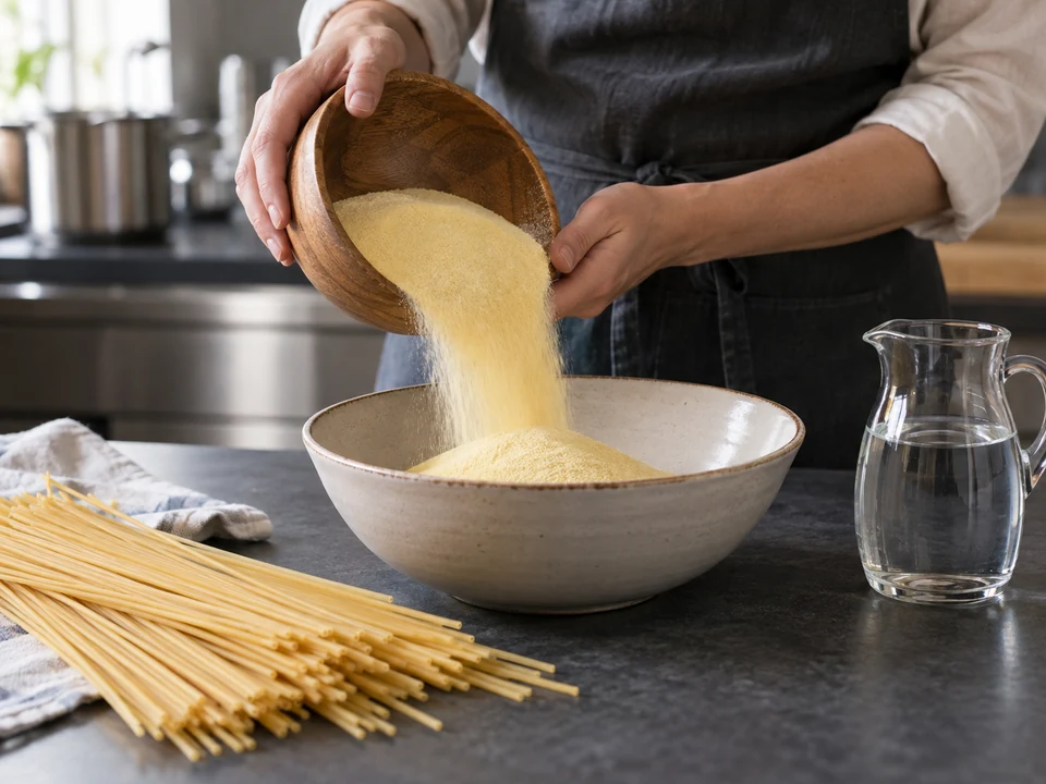 セモリナと水を使うパスタ作りの材料を用意する。
