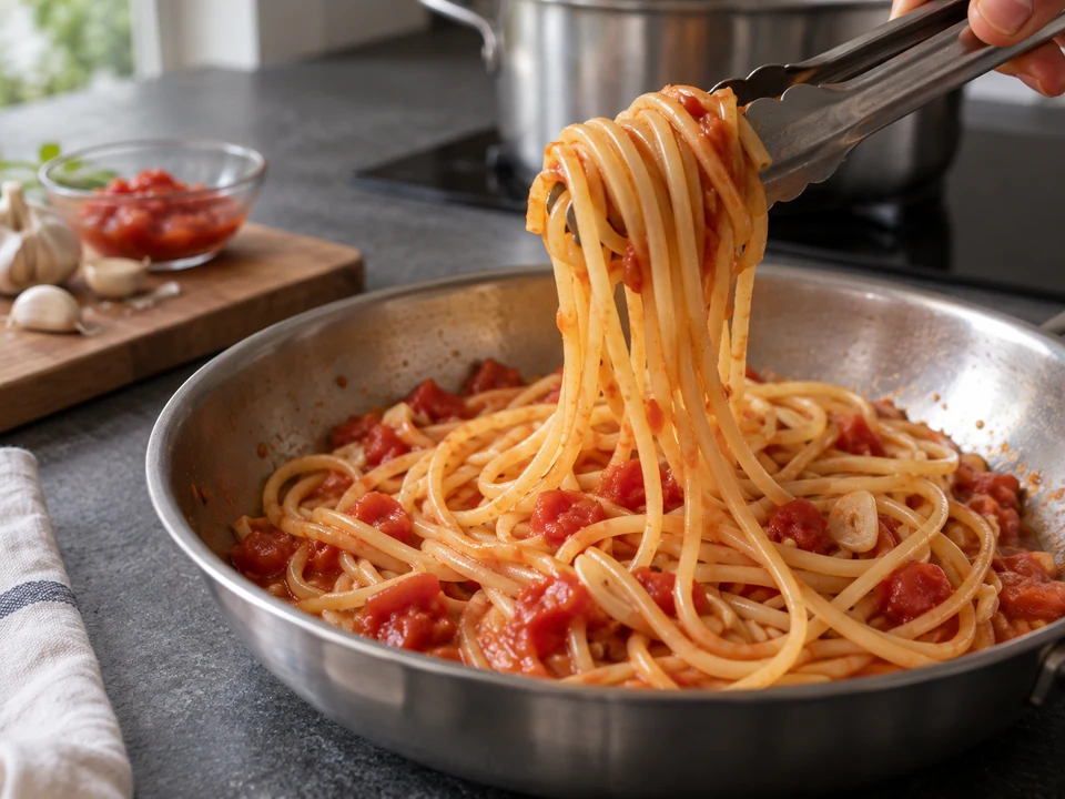 角のあるスパゲッティを軽いトマトソースで和える。