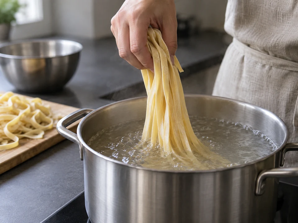生の平打ちパスタを湯へ静かに入れる。