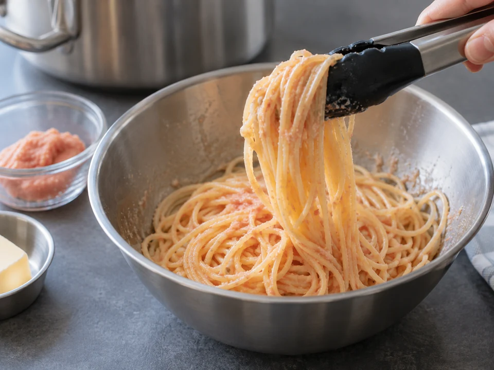 なめらかにまとまった明太子ソースの麺をトングで持ち上げる。