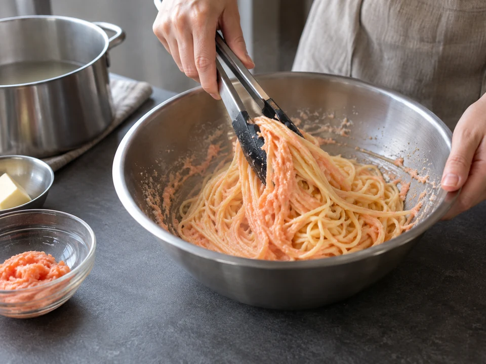火を止めた大きなボウルで明太子ソースと麺を短く和える。