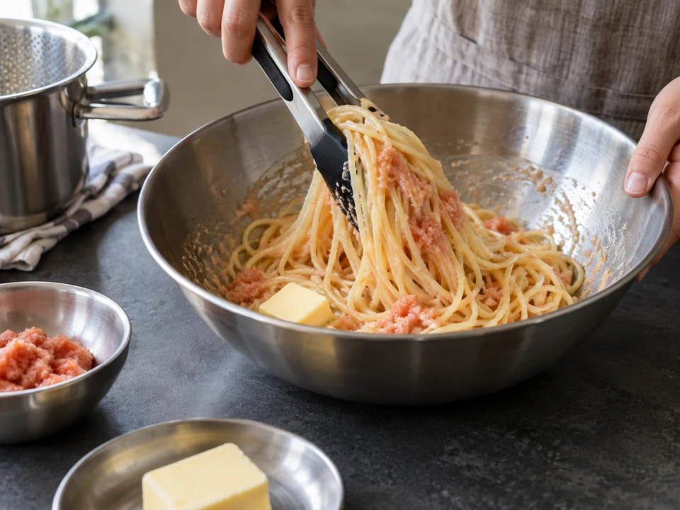 火から離したボウルで明太子ソースと麺をトングで返す。
