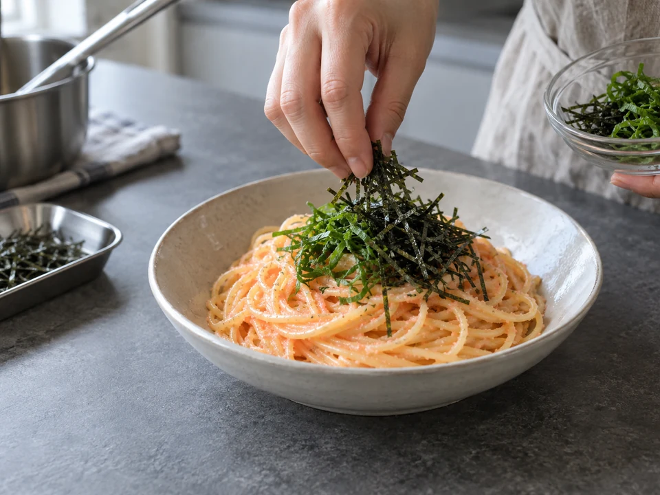 明太子スパゲッティに刻み海苔と細切り大葉を仕上げに散らす。
