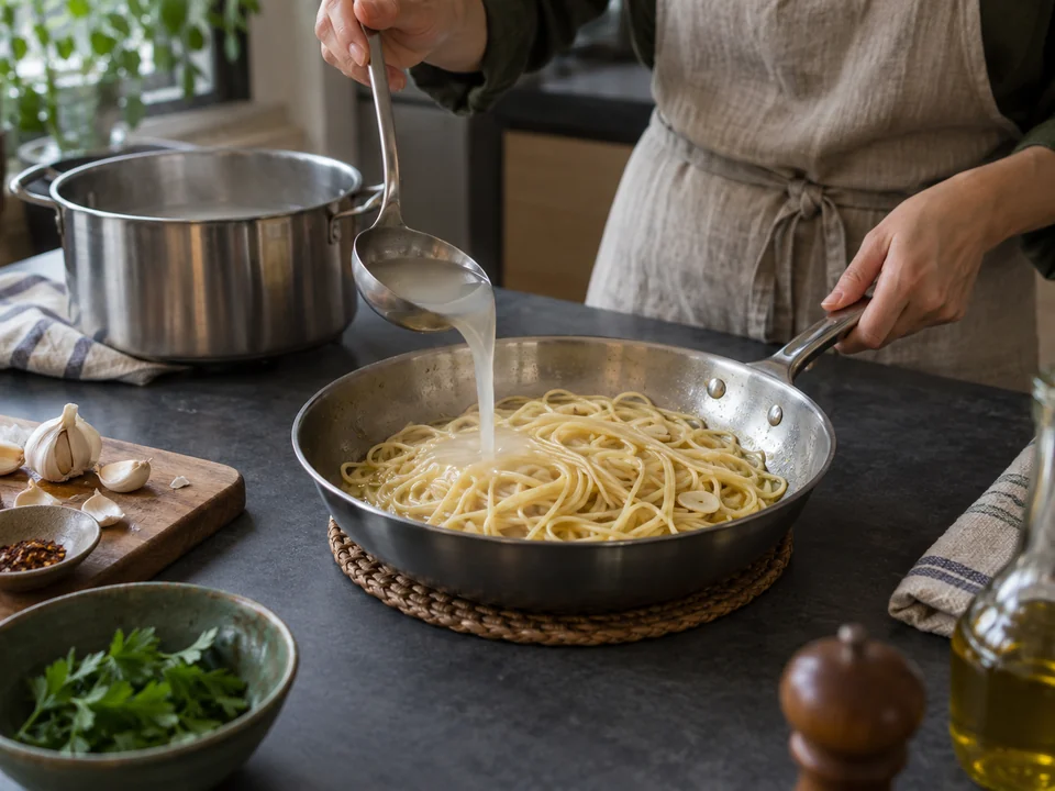 火から外した鍋に茹で汁を加えてソースをつなぐ