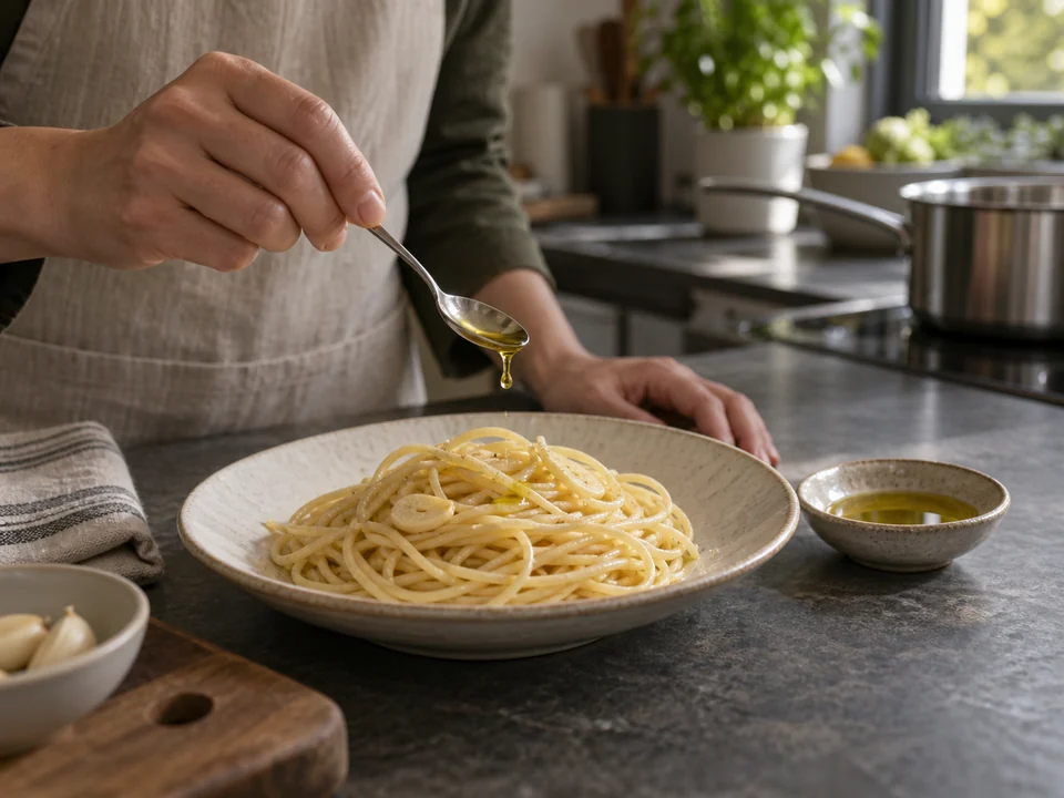 盛り付けたパスタへ仕上げのオリーブオイルを少量落とす