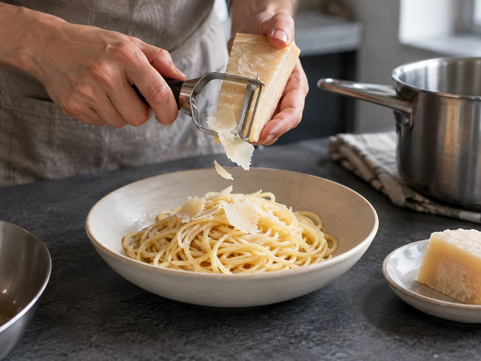 パルミジャーノの熟成:軽いソースのスパゲッティへ薄片を削りかける。