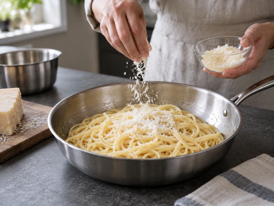パルミジャーノの熟成:火を止めたバターの麺へ細かいチーズを分けて加える。