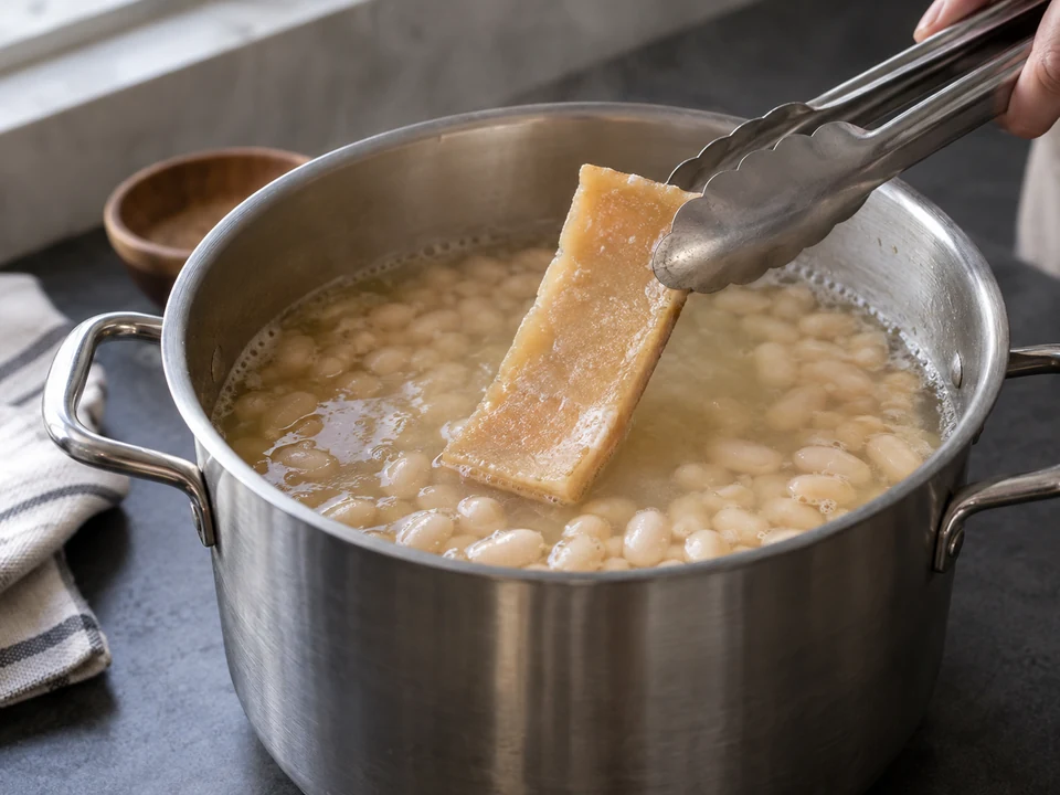 パルミジャーノの皮:豆のスープから煮た外皮をトングで取り出す。