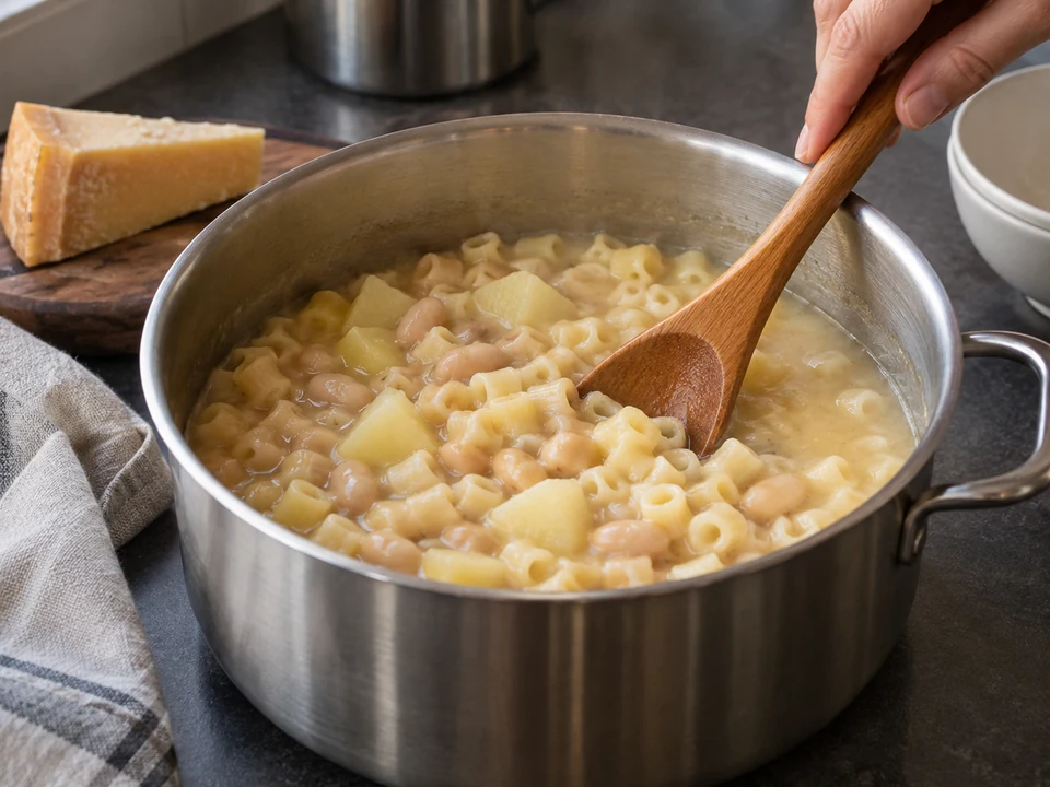 パルミジャーノの皮:外皮を取った豆とじゃがいもの小さなパスタを鍋で混ぜる。