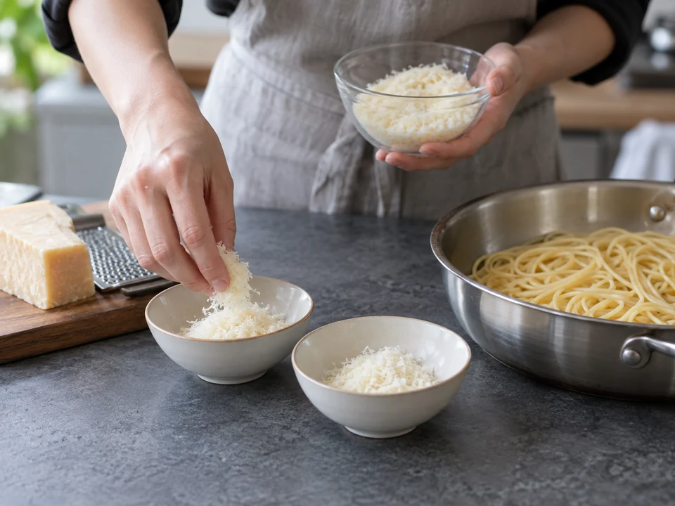 パルミジャーノの保存:削ったチーズをソース用と仕上げ用の小皿へ分ける。