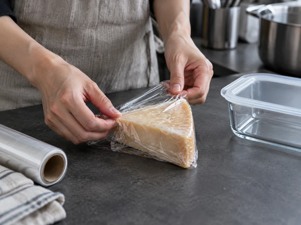 パルミジャーノの保存：小さなチーズの塊を食品用フィルムで密着させて包む。