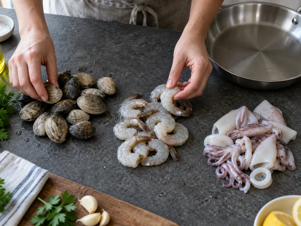 魚介パスタ:アサリ、海老、イカを作る量ごとに分けて並べる手元