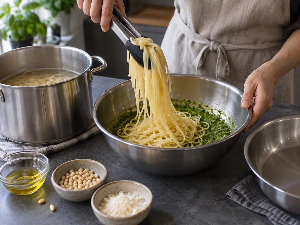 ジェノベーゼ:火を止めた鍋から麺をペストのボウルへ移す操作