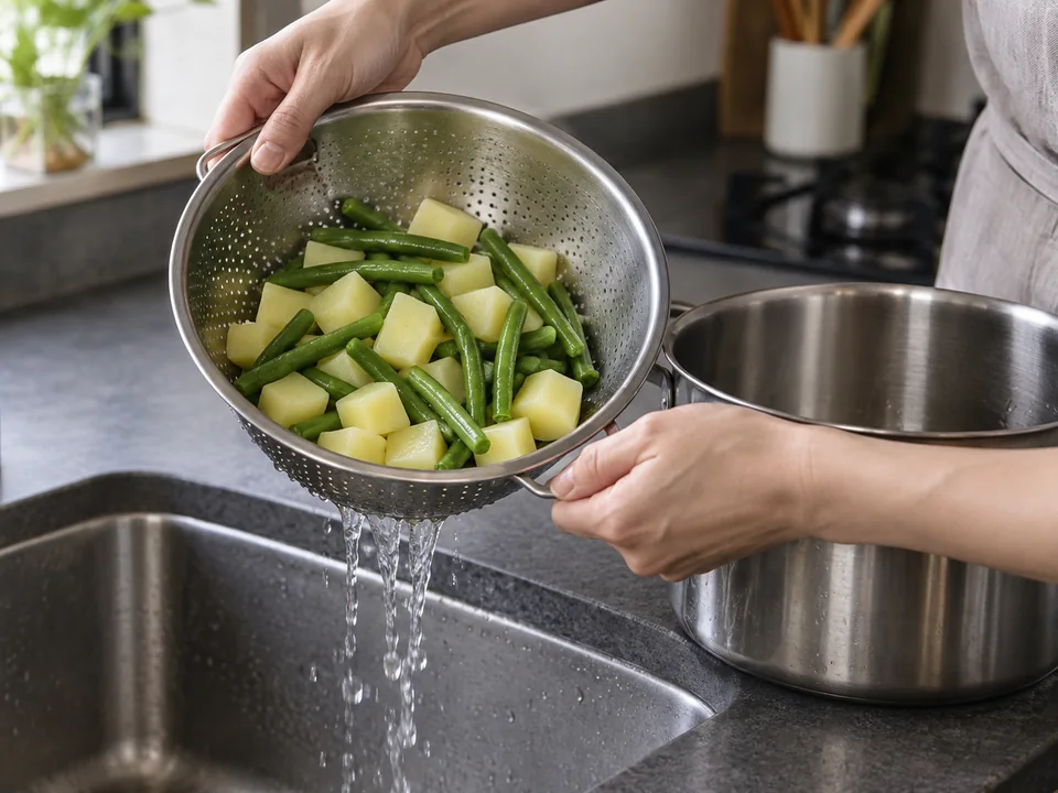 ジェノベーゼ：茹でたじゃがいもといんげんをざるで湯切りする操作