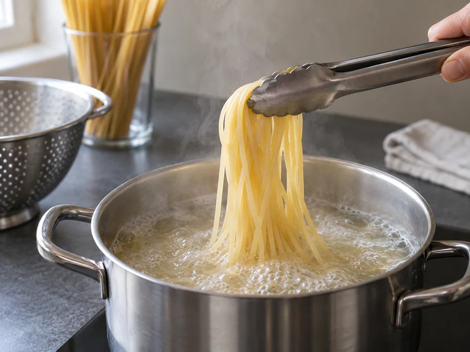 太めのスパゲッティを湯から上げて味見する。