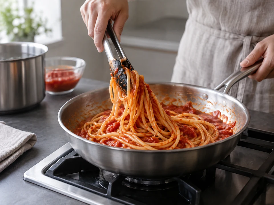 トマトソースの中で太めのスパゲッティを和える。