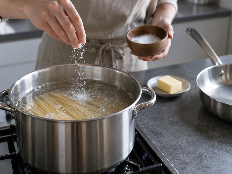 パスタの湯へ塩を少量加える。