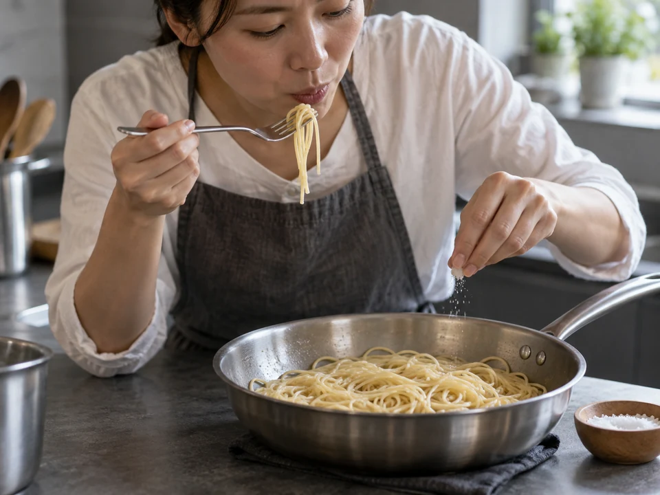 麺を味見してから塩を少量だけ足す。