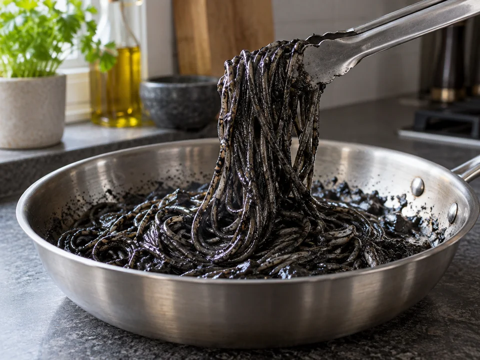 イカスミパスタ:黒いソースが絡んだ麺をトングで持ち上げる操作