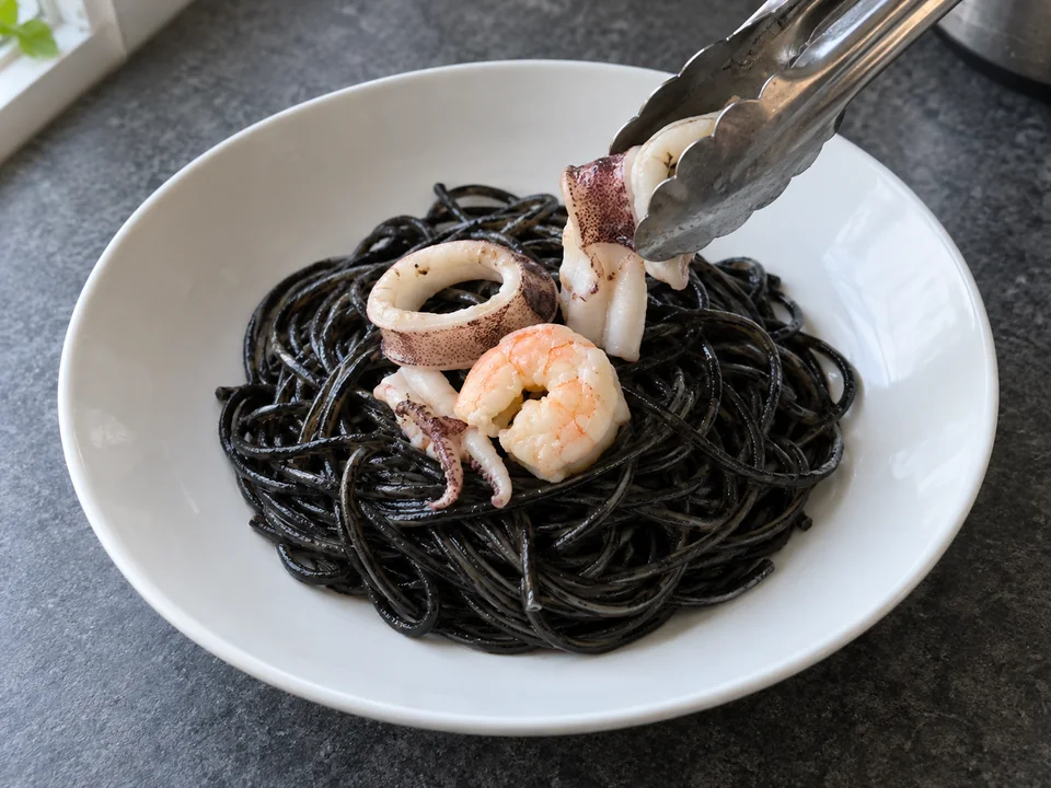 イカスミパスタ:黒い麺の上にイカと海老をのせる操作