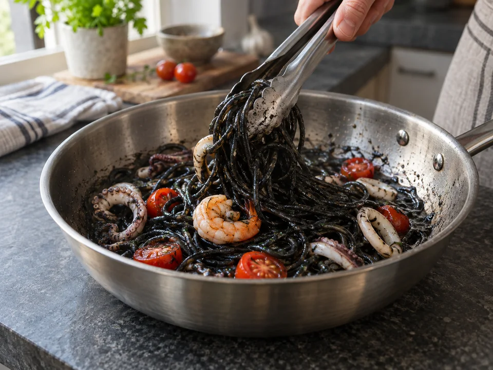 イカスミパスタ：イカ、海老、トマトを黒い麺へ合わせる操作