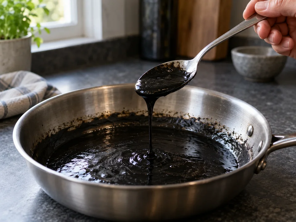 イカスミパスタ:黒いソースをスプーンですくい濃度を見る操作