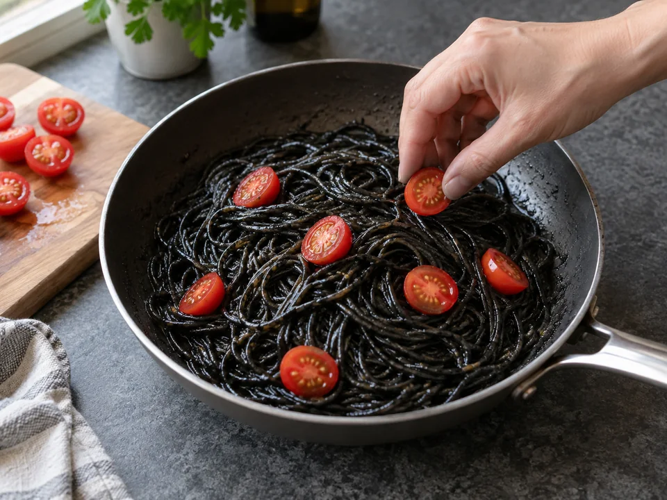 イカスミパスタ:火を止めた黒い麺へミニトマトをのせる操作