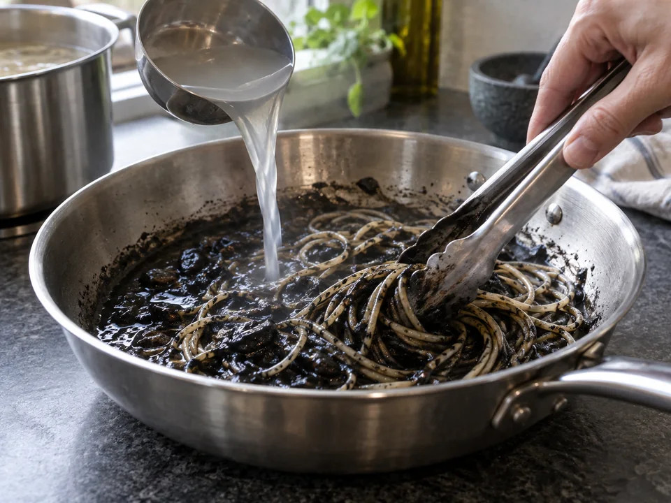 イカスミパスタ:黒いソースへ茹で汁を足して麺を混ぜる操作