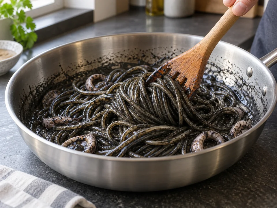 イカスミパスタ：つやのある黒いソースで麺を静かに混ぜる操作